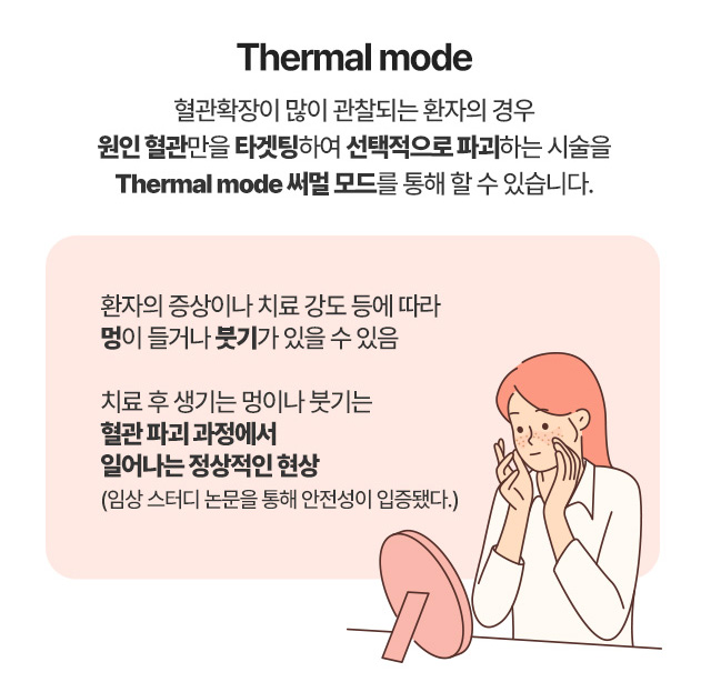 Thermal mode 혈관확장이 많이 관찰되는 환자의 경우 원인혈관만을 타겟팅하여 선택적으로 파괴하는 시술을 Thermal mode 써멀모드를 통해 할 수 있습니다.